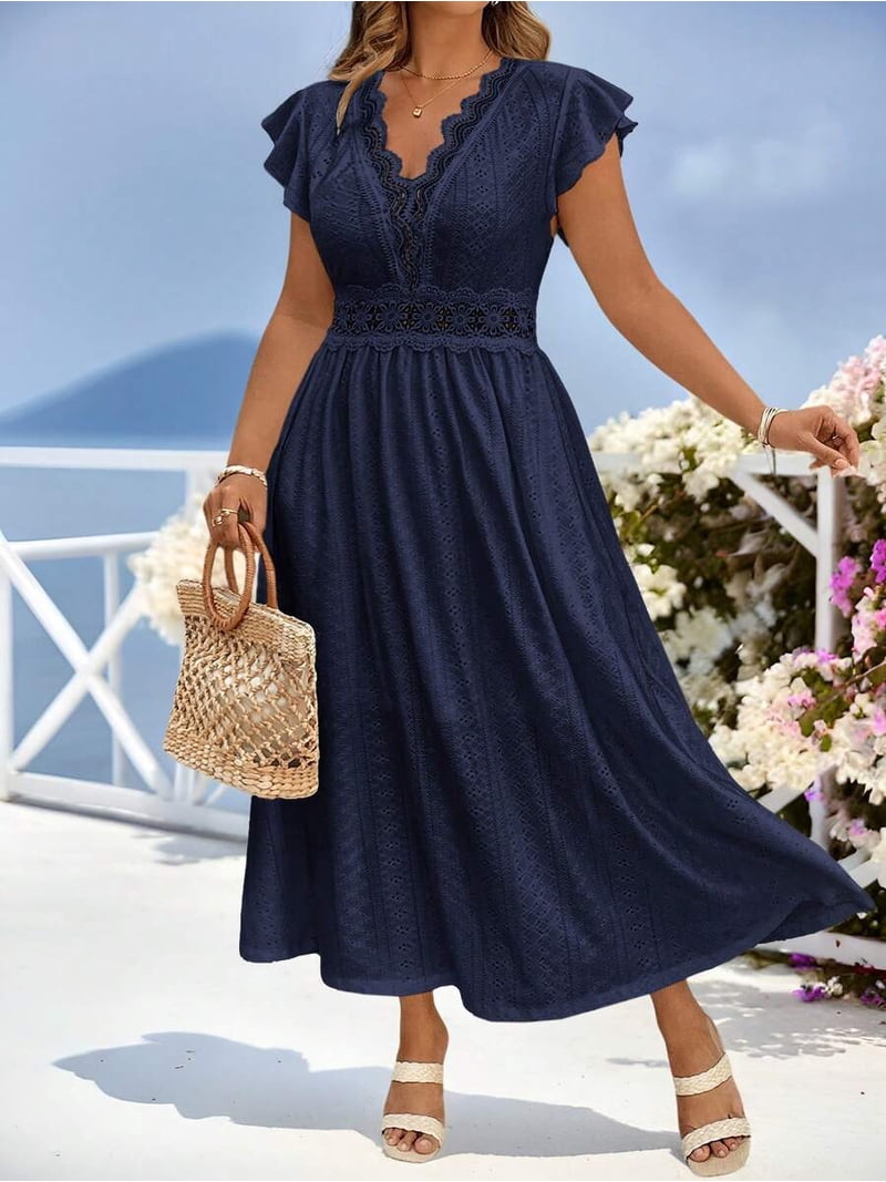 navy blue flowy maxi dress /// Navy Blue Womens A-Line Sundress With Lace V-Neck, Cap Sleeves, And Waistband, Flowy Maxi Dress For Spring Summer, Women's, Size: 1XL