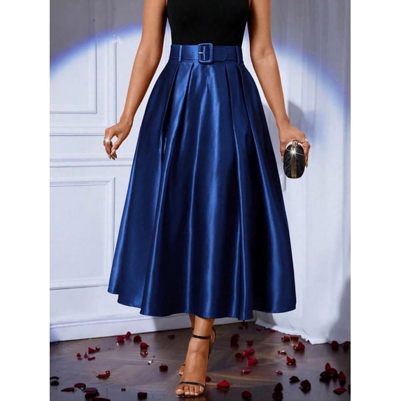 Navy Blue Womens Pleated A-Line Midi Skirt With Belted Waist, Dressy Formal Skirt For Fall Winter