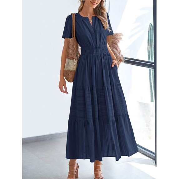 Navy Blue Womens Short Sleeve Maxi Dress High Waist Tiered A-Line Boho Flowy Beach Vacation Dress