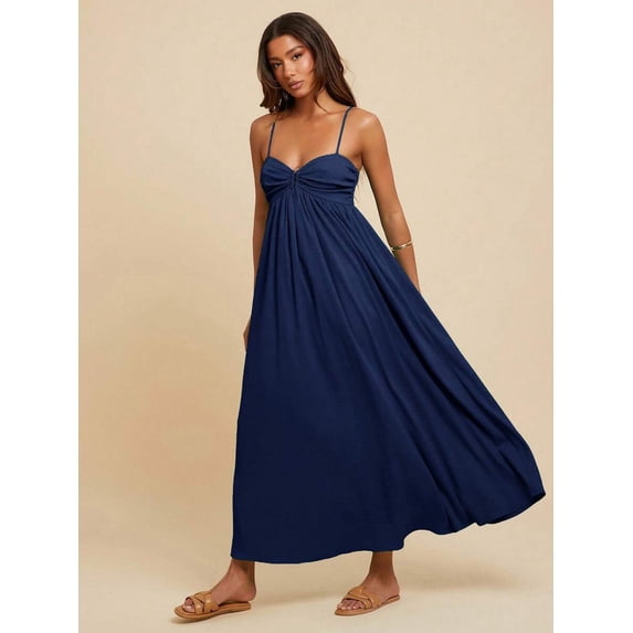 Navy Blue Womens Sleeveless Maxi Dress With Ruched Bust, Boho Vacation Style