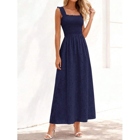 Navy Blue Womens Smocked Square Neck Sleeveless Eyelet Lace Cotton Maxi Dress For Spring Summer Beach