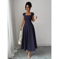 thumbnail image 1 of Navy Blue Womens Square Neck Cinched Waist A-Line Midi Dress For Spring Summer Casual Vacation, 1 of 7