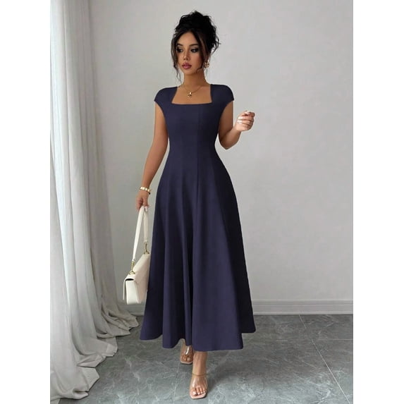 Navy Blue Womens Square Neck Cinched Waist A-Line Midi Dress For Spring Summer Casual Vacation