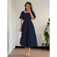 thumbnail image 1 of Navy Blue Womens Square Neck Puff Sleeve Pleated Midi Dress For Office Casual Elegant Occasion, 1 of 7