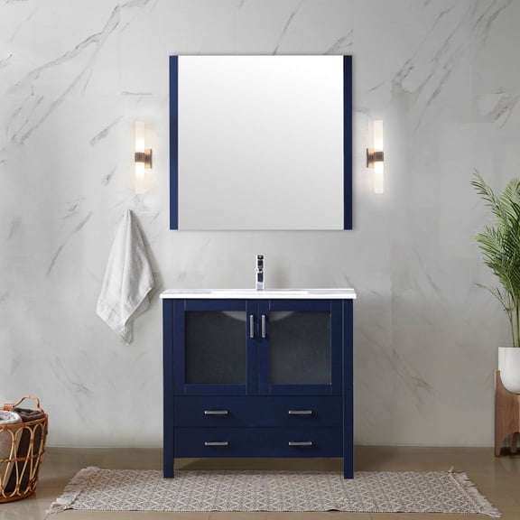 Navy Blue Wood Bath Vanity 36 in. Wide | Durable Ceramic Counter, Faucet Set & 34 in. Mirror | Master Bathroom