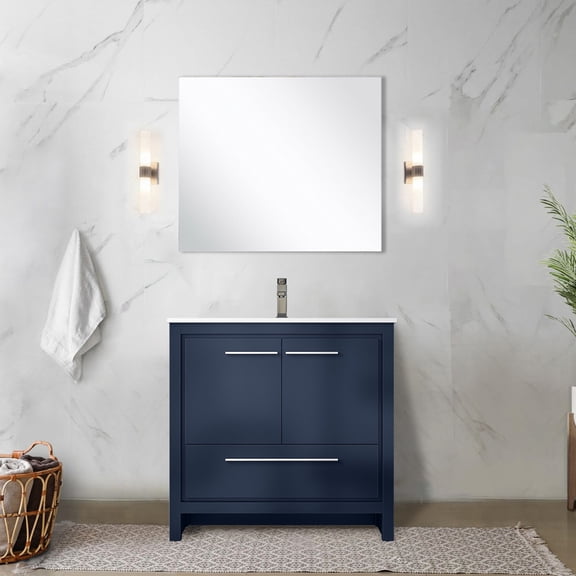 Navy Blue Wood Bath Vanity | Equipped with Quartz Top, Faucet and 28 in. Mirror | Experience a Vanity with Stain - resistant Surface