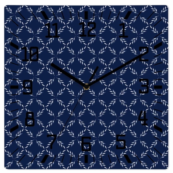 Navy Blue Wooden Wall Clock Silent Non Ticking, Geometric Leaf Diamond Plaid Abstract Check Square Wall Clocks Battery Operated, Decor Clock for Home Office, Living Room, Kitchen, 12 Inch