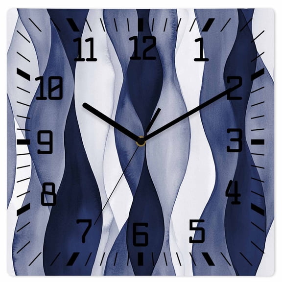 Navy Blue Wooden Wall Clock Silent Non Ticking, Modern Moire Abstract Ripple Geometric Square Wall Clocks Battery Operated, Decor Clock for Home Office, Living Room, Kitchen, 12 Inch