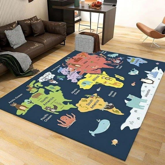 Navy Blue World Area Rug, Cartoon Animal Print Indoor Non-Slip Kids Rugs, With Anti-Slip Backing Washable Carpet For Living Room Bedroom Kitchen Entryway Floor Mat 5 x 6ft