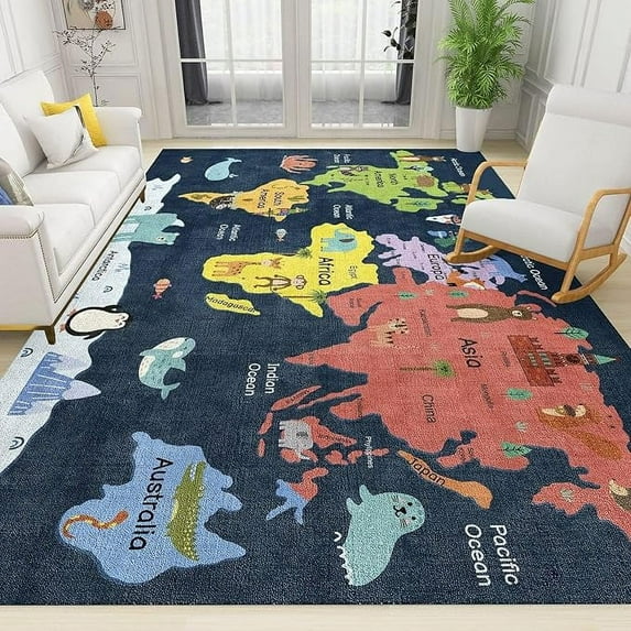 Navy Blue World Area Rugs, Cartoon Animal Print Indoor Non-Slip Kids Rug, With Anti-Slip Backing Washable Carpet For Living Room Bedroom Kitchen Entryway Floor Mat 5 x 6ft