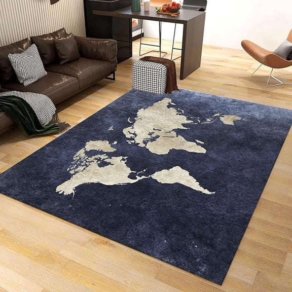 Navy Blue World Map Area Rug, Abstract Blue Gold Ocean Map Indoor Non-Slip Kids Rugs, With Anti-Slip Backing Washable Indoor Carpet For Living Room Bedroom Study Dining Room 2x3ft