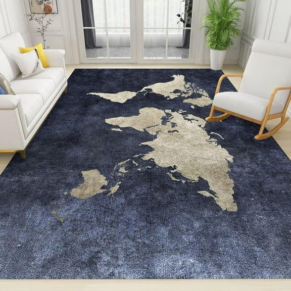 Navy Blue World Map Area Rug, Modern Abstract White Print Carpet, Indoor Non-Slip Rugs Machine Washable Breathable Durable Carpet For Front Entrance Floor Decor 4x6ft
