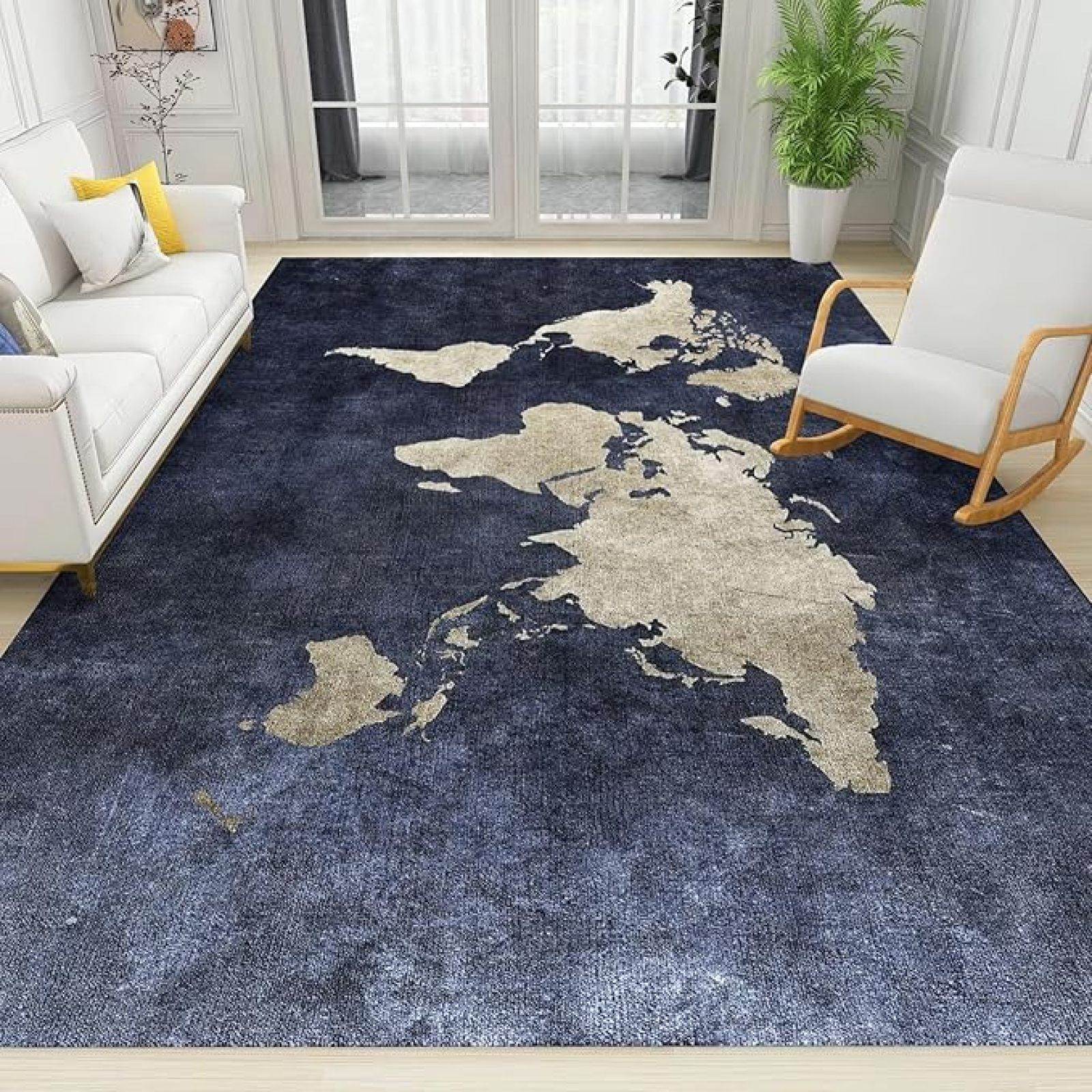 Navy Blue World Map Area Rug, Retro World Map Non Slip Noise Reduction ...