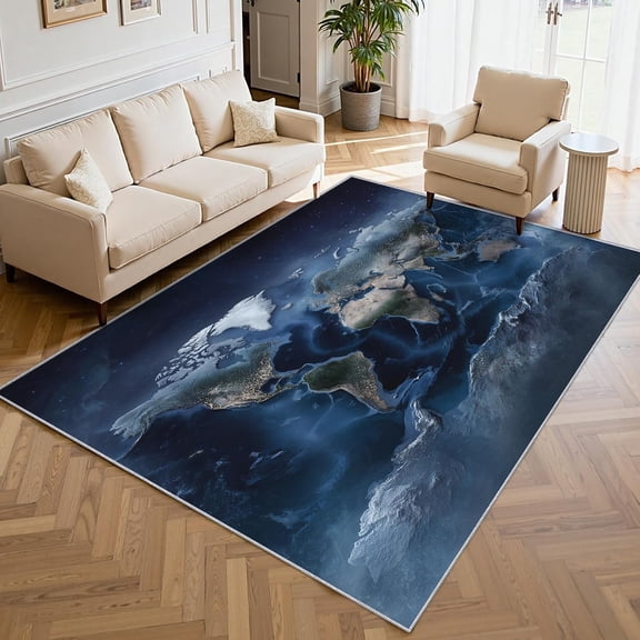 Navy Blue World Map Area Rugs, Abstract Ocean Geography Carpet, Washable Non Slip Low Pile Soft Rug for Living Room Bedroom Decor Mat 2x3ft