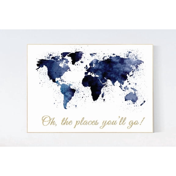 Navy Blue World Map Travel Theme Poster, Artistic Nursery Theme For Playroom And Nursery Decor