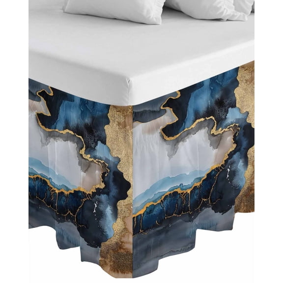 Navy Blue Wrap Around Bed Skirts for Queen Bed 18" Drop, Bed Skirt with Adjustable Elastic Belt Dust Ruffle Bed Valance for Bedroom Hotel Luxury Abstract Color Block Vintage Modern Bed Frame Cover