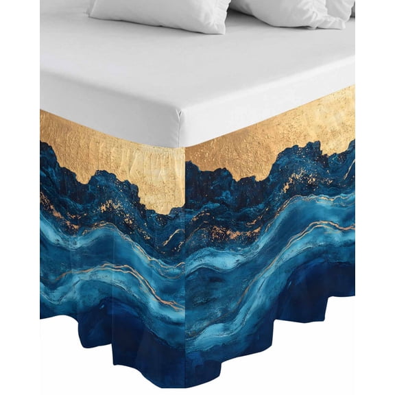 Navy Blue Wrap Around Bed Skirts for Queen Bed 18" Drop, Bed Skirt with Adjustable Elastic Belt Dust Ruffle Bed Valance for Bedroom Hotel Luxury Modern Abstract Luxury Golden Bed Frame Cover