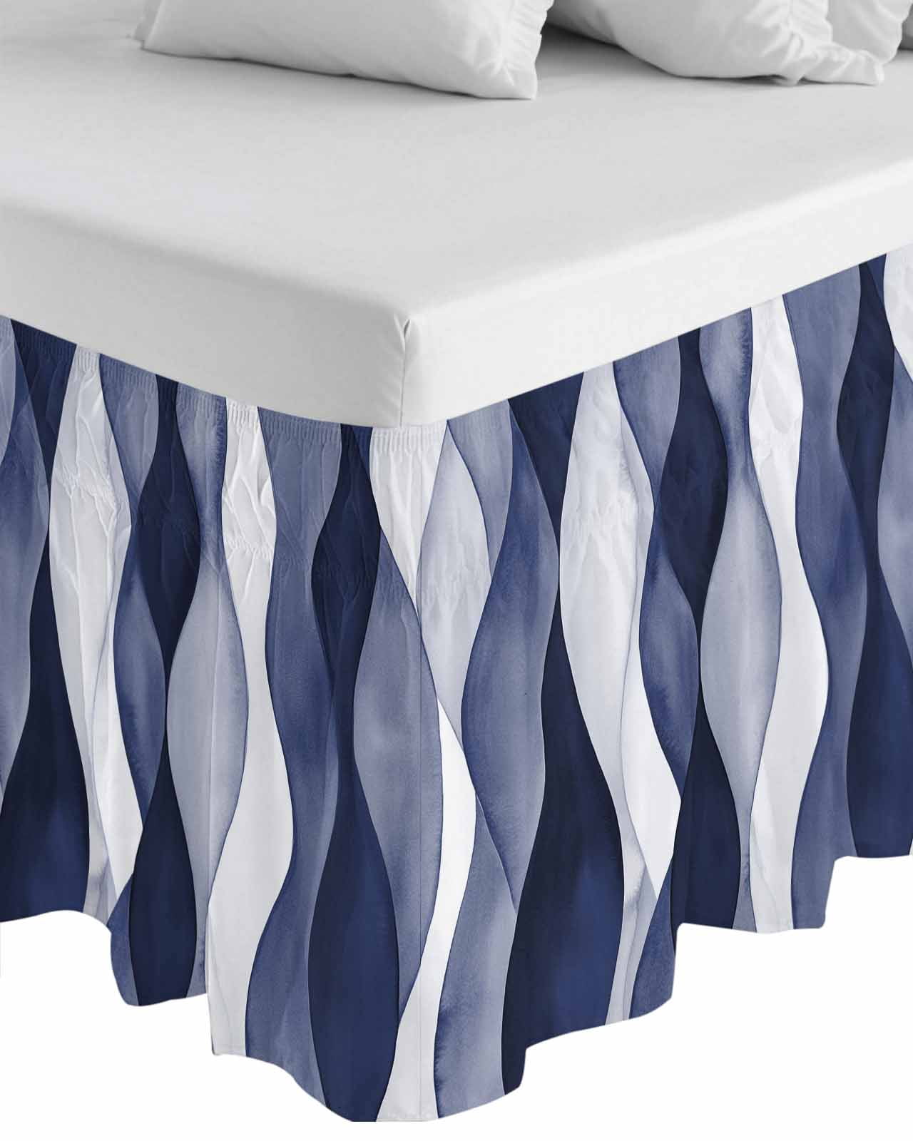 Navy Blue Wrap Around Bed Skirts for Queen Bed 18" Drop, Bed Skirt with Adjustable Elastic Belt Dust Ruffle Bed Valance for Bedroom Hotel Luxury Modern Moire Abstract Ripple Geometric Bed Frame Cover
