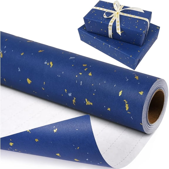 Navy Blue Wrapping Paper Roll - 17Inch x 33 Feet, Navy Blue Gift Wrapping Paper with Silver and Gold Foil Flake, Matte Kraft Gift Wrap Paper for Birthday Christmas Wedding Holiday Party Fathers Day