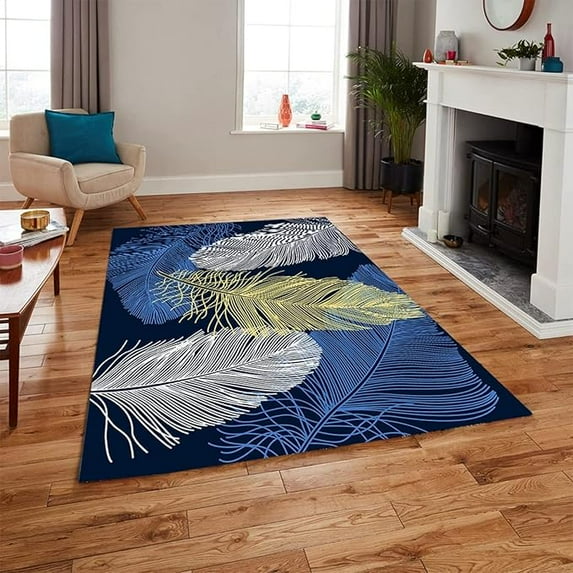 Navy Blue Yellow Area Rugs, Modern Feather Tropical Carpet, Soft Non-Skid Carpet Throw Rug For Kids Teen Girls Boys Bedroom Living Room Bathroom Classroom Office 2 x 3ft