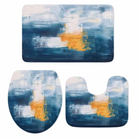 Navy Blue Yellow Bath Mat 3 Piece Bathroom Rug Set, Modern Oil Painting Art Abstract Non Slip Bath Rug Contour Mat and Toilet Lid Cover, Absorbent Shower Mats Soft Bath Rugs and Mats Sets