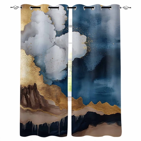 Navy Blue Yellow Blackout Curtains for Bedroom/Living Room, Thermal Insulated Kitchen Curtains, Art Abstract Vintage Modern Grommet Darkening Window Treatment Drapes 42"x63"x2
