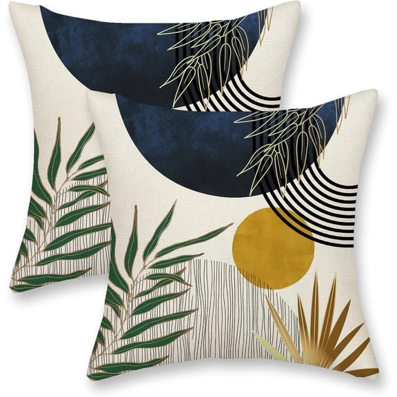 Navy Blue Yellow Boho Pillow Covers 20x20 Inch 2 Pcs Tropical Leaf Mid Century Outdoor Decor Throw Pillows Modern Geometric Farmhouse Decoration Pillowcase Linen Cushion Cover for Couch Sofa