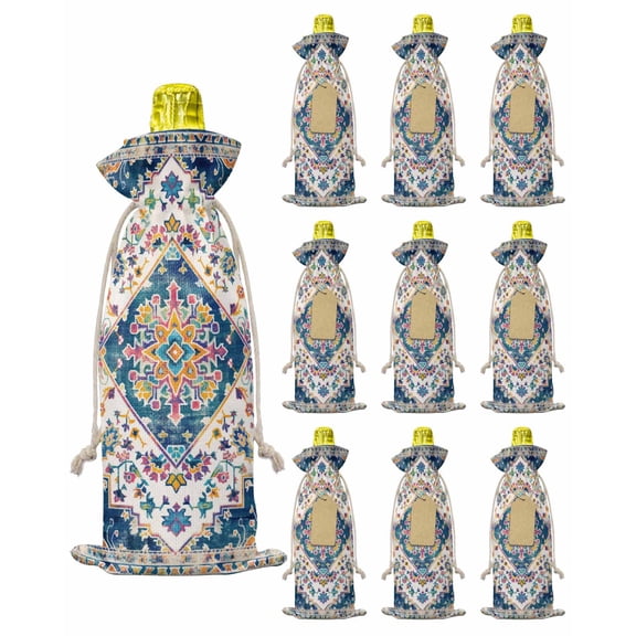 Navy Blue Yellow Burlap Wine Bags 10 PCS, Boho Southwestern Mexican Flowers Wine Gift Bags Bottle Covers with Drawstring for Holiday Party Wedding Birthday, Reusable Champagne Bottle Bag