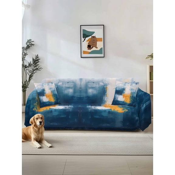 Navy Blue Yellow Couch Cover Sofa Covers 3 Cushion Sectional Couch, Modern Oil Painting Art Abstract Washable Sofa Covers Slipcover Sectional Sofa Cover, Furniture Protector 71"x150"