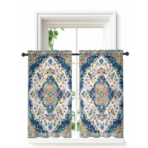 Navy Blue Yellow Curtains 45 Inch Length,Sheer Curtains for Bedroom Living Room Window Boho Southwestern Ethnic Mexican Flowers Rod Pocket Drapes Kitchen Curtains Small Half Window 52"x45" 2 Panels