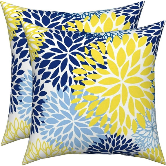 Navy Blue Yellow Dahlia Pillow Covers 20x20 Set of 2, Gray Geometric Floral Outdoor Throw Pillow Covers Spring Summer Pillowcase Modern Farmhouse Home Decorations Cushion Case for Living Room Bedroom