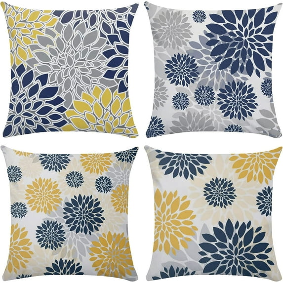 Navy Blue Yellow Dahlia Throw Pillow Covers 18x18 Set of 4 Teal Gray Floral Cushion Covers Modern Decorative Soft Plush Cushion Cases for Bed Couch Sofa Living Room