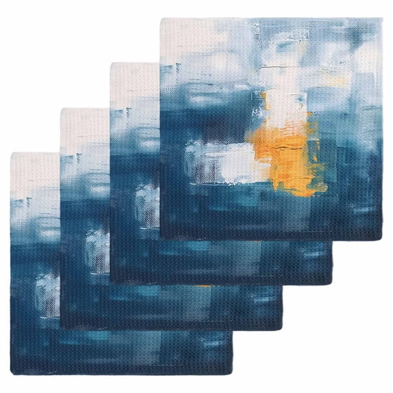 Navy Blue Yellow Dish Towels Set, Waffle Weave Kitchen Towels 4 Pieces, Modern Oil Painting Art Abstract Microfiber Hair Face Bath Tea Towel Absorbent Quick Drying Cleaning Dish Cloths, 12"x12"