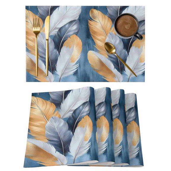 Navy Blue Yellow Feather Placemats Set of 4 Simpler Modern Abstract Art Place Mats Indoor Wipeable Table Mats Washable Cloth Dining Table Placemats for Kitchen Holiday Party Home Decor 13x19 Inch