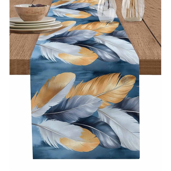 Navy Blue Yellow Feather Table Runner 48 Inches, Simpler Modern Abstract Art Bed Runner Dresser Scarves Tabletop for Indoor Outdoor Parties/Ceremony/Banquet, 13" x 48"