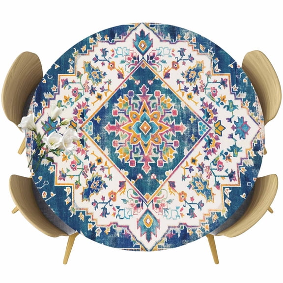 Navy Blue Yellow Fitted Tablecloth with Elastic Edged, Round Table Cloth for Dining Table, Boho Southwestern Ethnic Mexican Flowers Waterproof Oil Proof Table Cover for Indoor Outdoor 55"-60"
