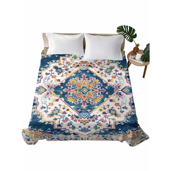 Navy Blue Yellow Flat Sheets Only King Size, Soft Breathable Bed Top Sheets for Mattress, Boho Southwestern Ethnic Mexican Flowers Luxury Bedding Flat Sheets for Home Hotel Bedroom Bed Protection