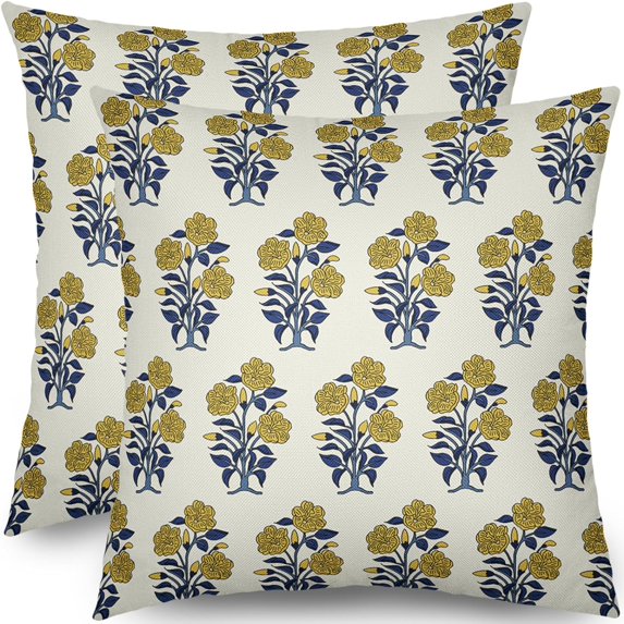 Navy Blue Yellow Floral Block Print Pillow Covers 18x18 Set of 2 Chinoiserie Flower Leaves Outdoor Decorative Throw Pillows Farmhouse Pillowcases Linen Cushion Case Decor for Home Sofa Couch Bed