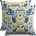 thumbnail image 1 of Navy Blue Yellow Floral Pillow Covers 16x16 Set of 2 Summer Light Blue Flower Leaves Block Print Decorative Throw Pillow Cases Outdoor Farmhouse Decoration for Sofa Couch Bed, 1 of 6