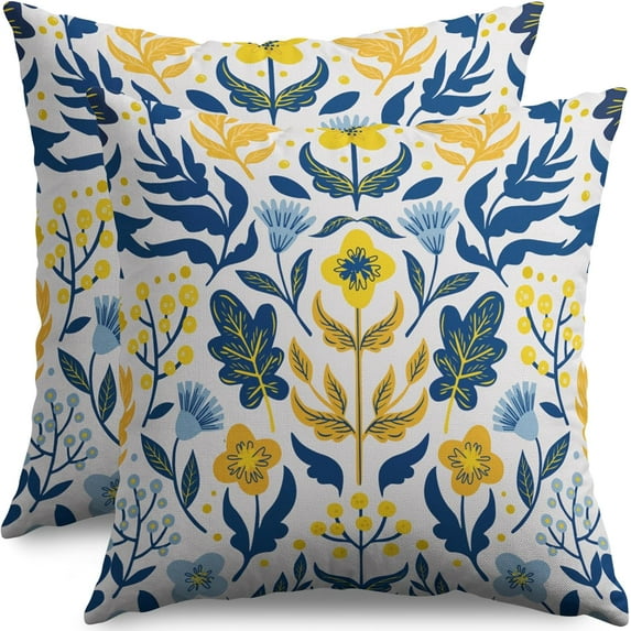 Navy Blue Yellow Floral Pillow Covers 16x16 Set of 2 Summer Light Blue Flower Leaves Block Print Decorative Throw Pillow Cases Outdoor Farmhouse Decoration for Sofa Couch Bed