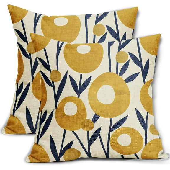 Navy Blue Yellow Floral Pillow Covers 18x18 Set of 2 Spring Boho Rustic Art Flower Decorative Throw Pillow Cases Outdoor Farmhouse Decor for Sofa Couch Bed