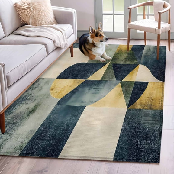 Navy Blue Yellow Geometric Area Rug 4x6 Washable Rug Non Slip Modern Abstract Art Large Area Rug Indoor Floor Carpet for Entryway Bedroom Kitchen Living Room Home Office Dining Room Nursery