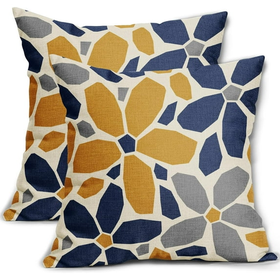 Navy Blue Yellow Grey Gray Pillow Covers 18x18 Set of 2 Geometric Art Flower Print Decorative Outdoor Pillowcases Abstract Floral Farmhouse Throw Cushion Case Decor for Couch Sofa Bed