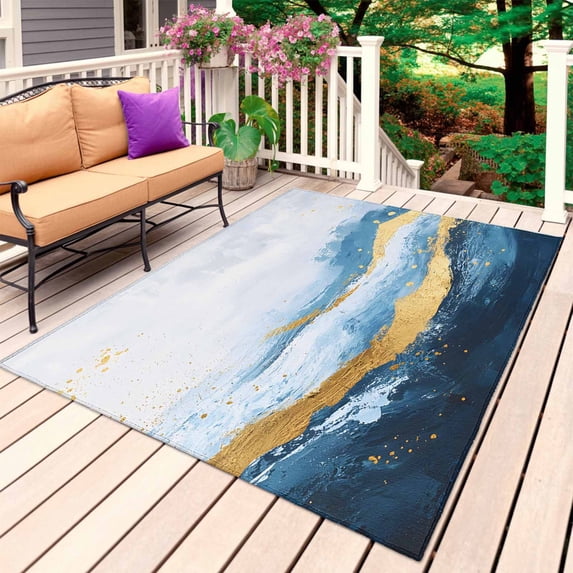 Navy Blue Yellow Outdoor Rug for Patio/Deck/Porch, Non-Slip Large Area Rug 3 x 5 Ft, Oil Painting Modern Ombre Indoor Outdoor Rugs Washable Area Rugs, Reversible Camping Rug Carpet Runner