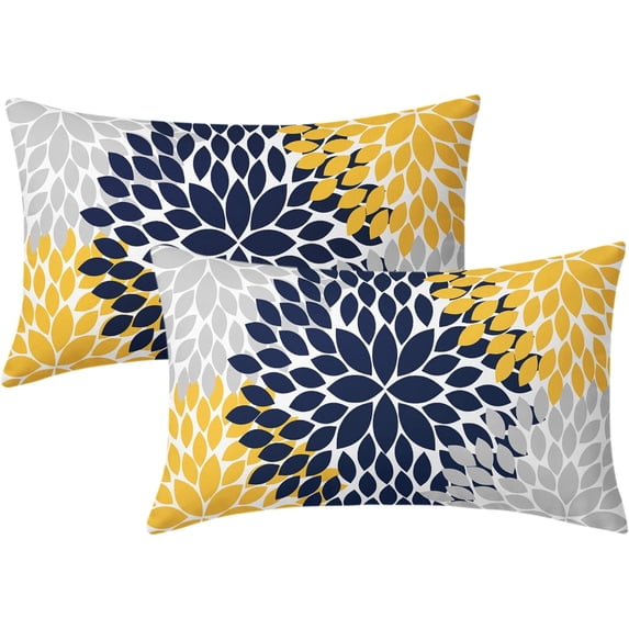 Navy Blue Yellow Pillow Covers 12x20 In Yellow Gray Dahlia Floral Geometric Pillow Cases Set of 2 Elegant Flower Lumbar Throw Pillows Spring Summer Home Decor for Couch Room Bed Cushion Outdoor