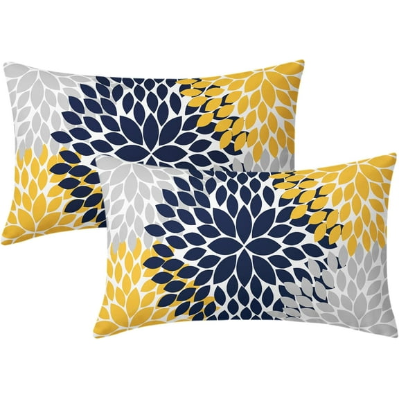 Navy Blue Yellow Pillow Covers 12x20 in Yellow Gray Dahlia Floral Geometric Pillow Cases Set of 2 Elegant Flower Lumbar Throw Pillows Spring Summer Home Decor for Couch Room Bed Cushion Outdoor