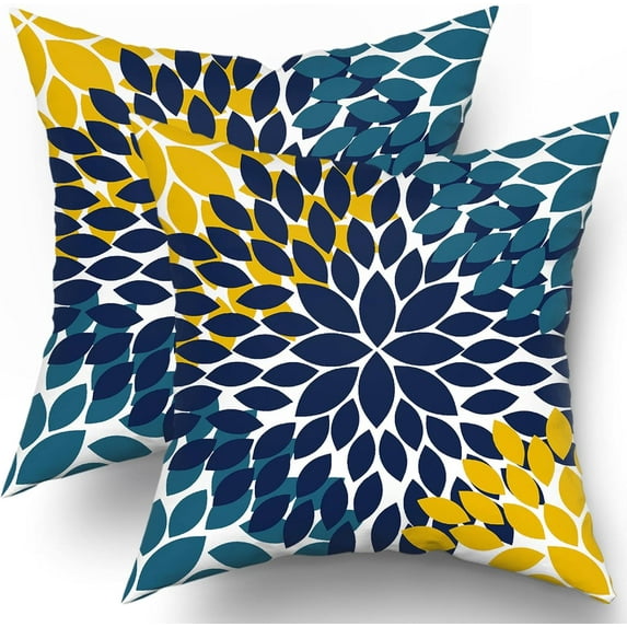 Navy Blue Yellow Pillow Covers 16x16 Teal Yellow Dahlias Flowers Throw Pillow Modern Farmhouse Rustic Pillow Cases Set of 2 Home Decor for Living Room Bedroom Couch Cushion Outdoor