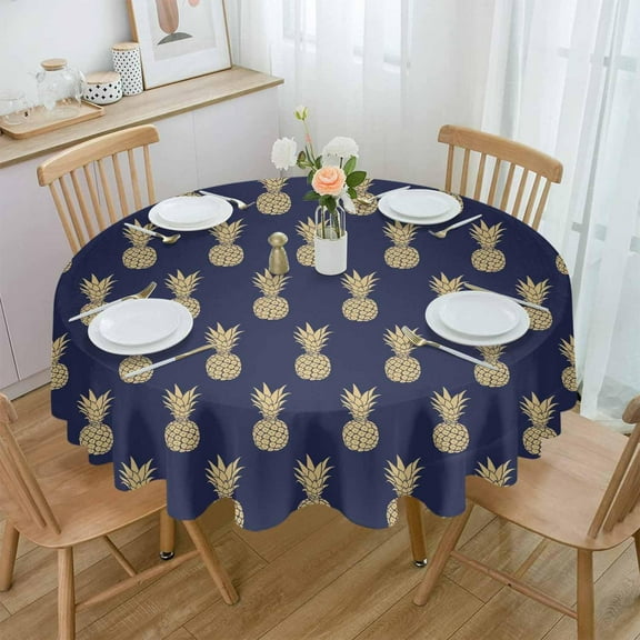 Navy Blue Yellow Pineapple Round Tablecloth 60 Inch - Waterproof Fabric Table Cloth Protector, Summer Fruits Tablecloths Washable Table Cover for Kitchen Banquet Coffee Table Outdoor Party
