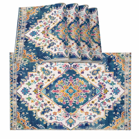 Navy Blue Yellow Placemats for Dinning Table Set of 4, Boho Southwestern Ethnic Mexican Flowers Burlap Kitchen Place Mats Waterproof Cloth Table Mats, Indoor Outdoor Placemats Easy Clean Dinner Decor