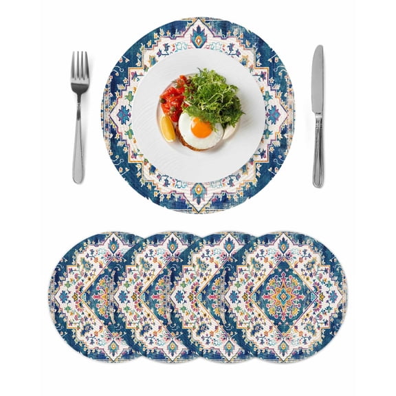 Navy Blue Yellow Round 15 Inch Placemats Set of 4, Boho Southwestern Ethnic Mexican Flowers HeatResistant Non Slip Place Mats for Dining Table, Wipeable Braided Kitchen Table Mats for Housewarming